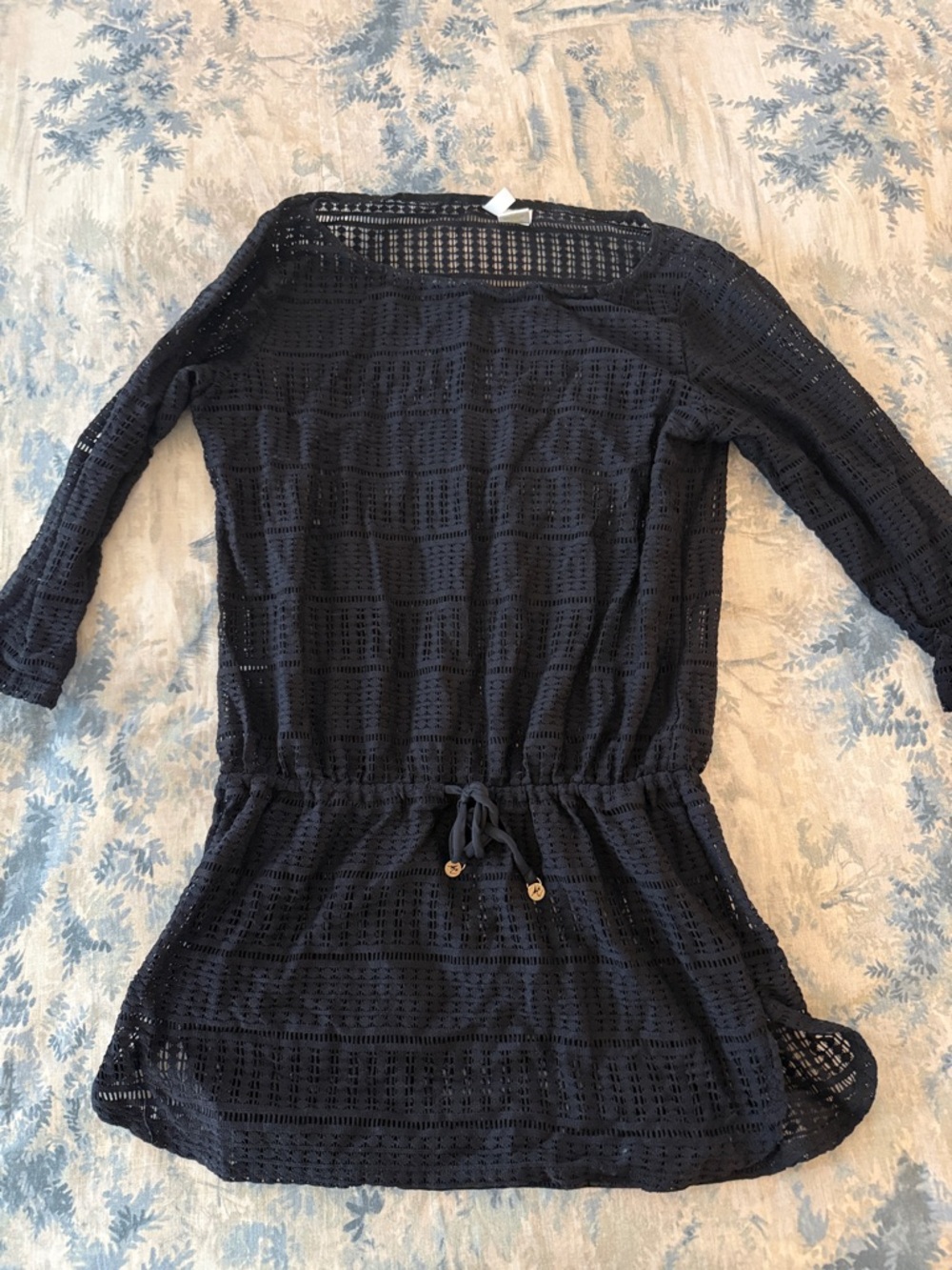 Black Crochet Tie-Waist Tunic Dress
